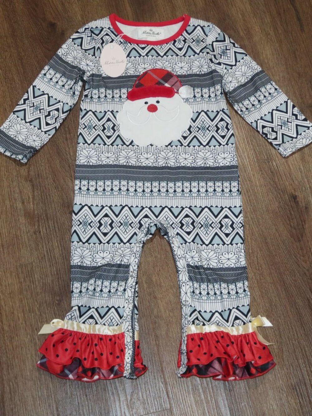 NWT Girls Marie Nicole Clothing Holiday Santa Ruffled Romper Christmas sz 18-24m